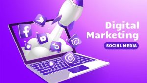 Premium Vector _ Social media marketing with laptop and boost rocket