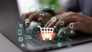 Concept for online shopping and e-commerce using a laptop computer and a delivery vehicle to place an order.